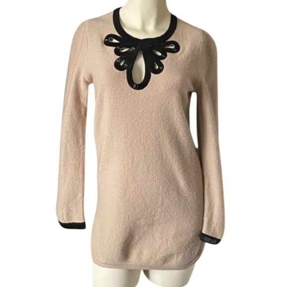Tory Burch Wool Felt Beaded Embellished Collar Trim Pullover Sweater Beige Black - Picture 2 of 4